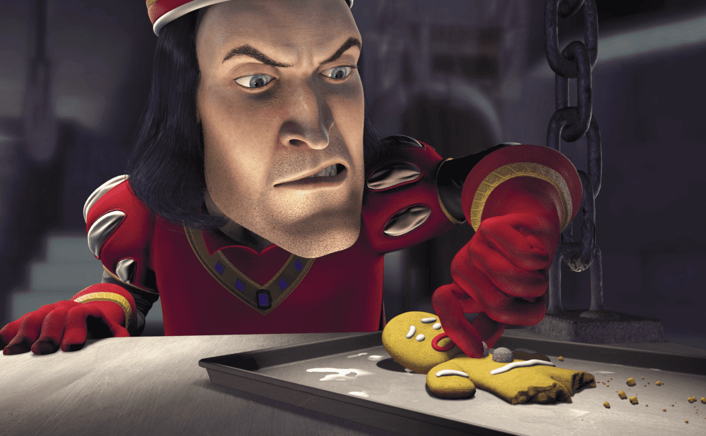 Lord Farquaad tortures information out of the Gingerbread Man