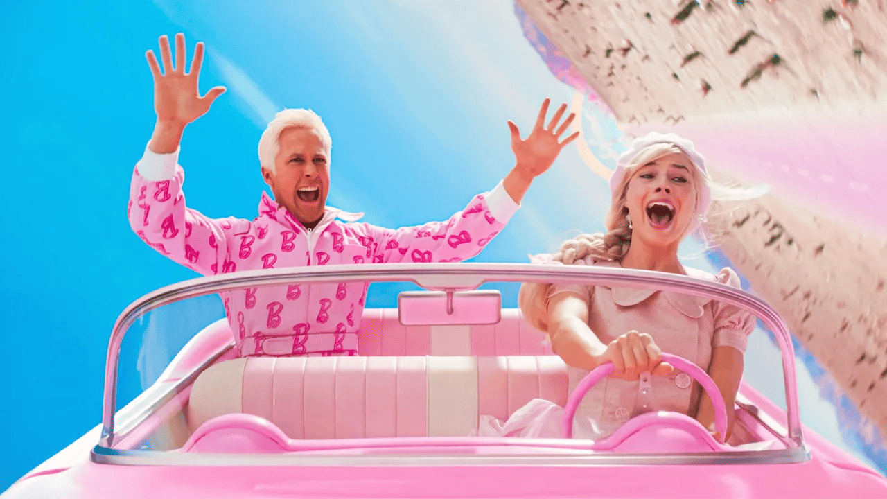 Barbie and Ken flip the dream car on their ride to the real world in this image from Warner Bros
