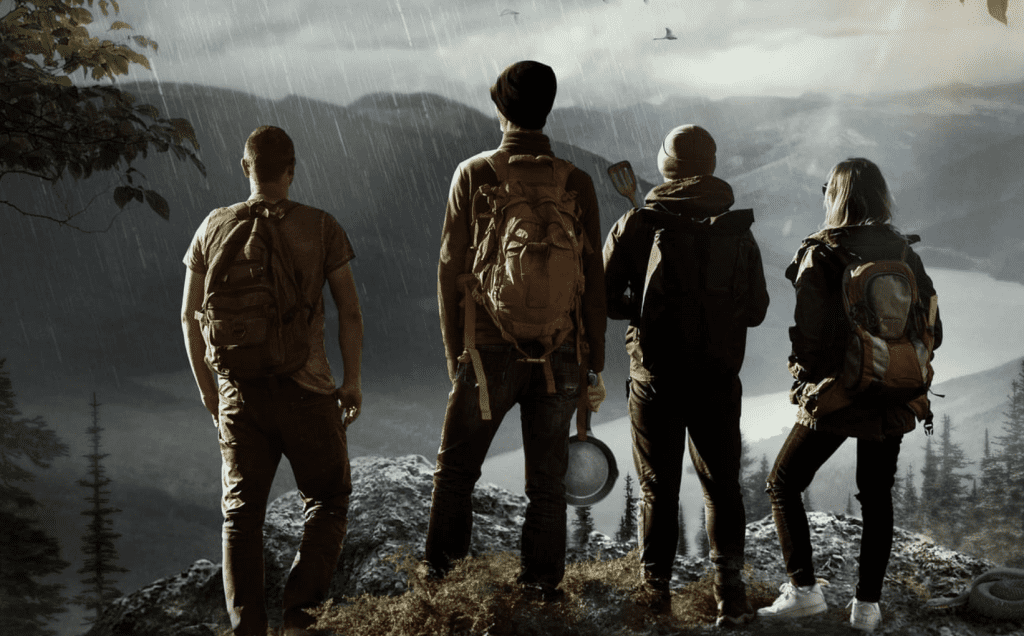 Four people with backpacks and cooking gear, with back facing the camera, stare out at a rainy, mountain vista.