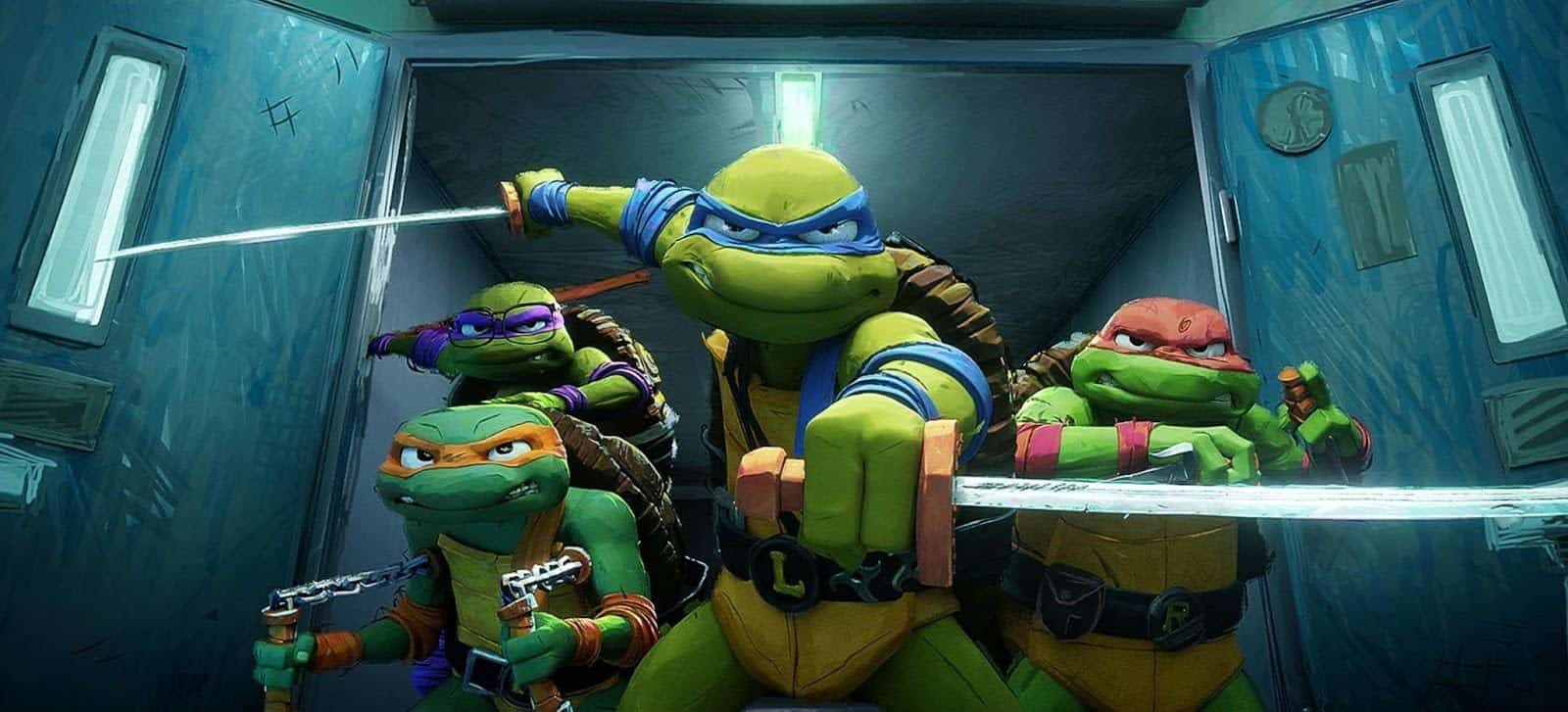 Four animated ninja turtles stand in a battle pose in this image from Nickelodeon Movies.