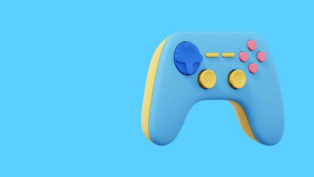A realistic game controller floating in a light blue background