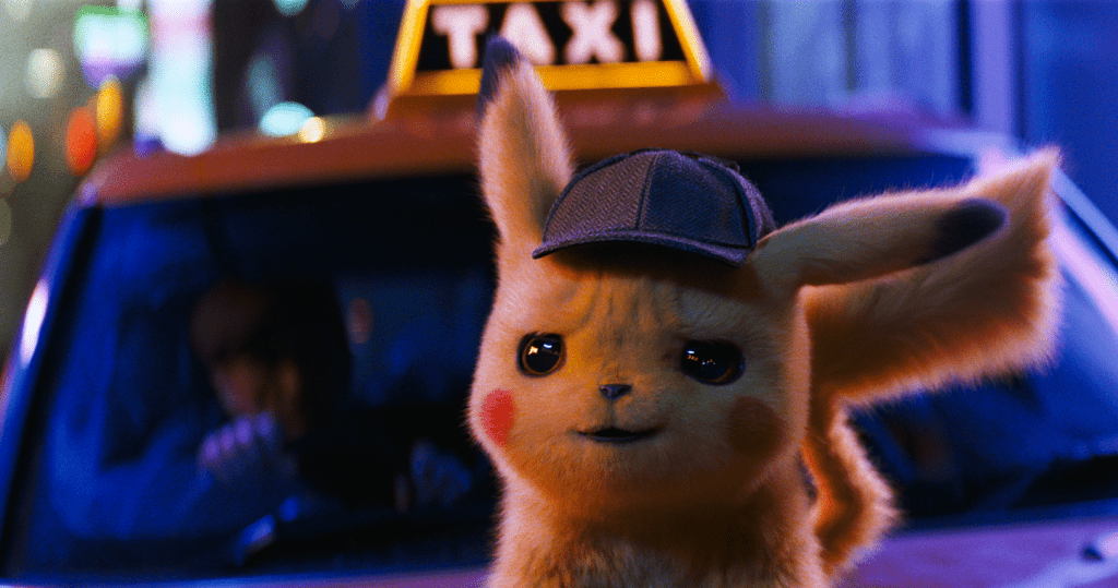 Pikachu smirking in front of a taxi