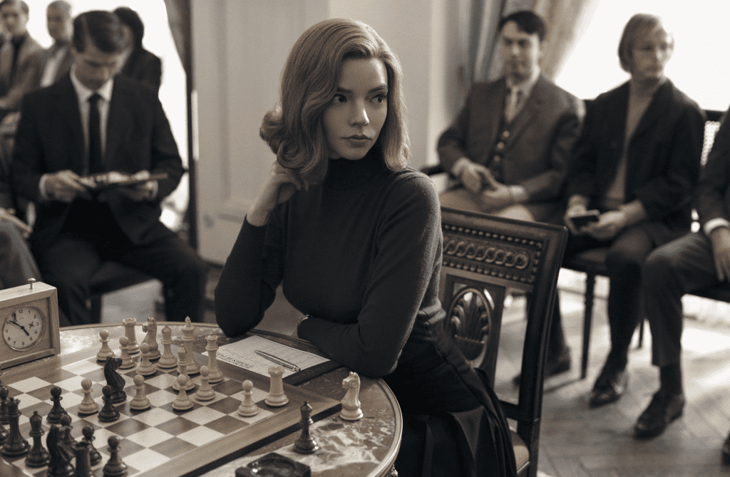 Anya Taylor-Joy sitting at a tournament chess table.