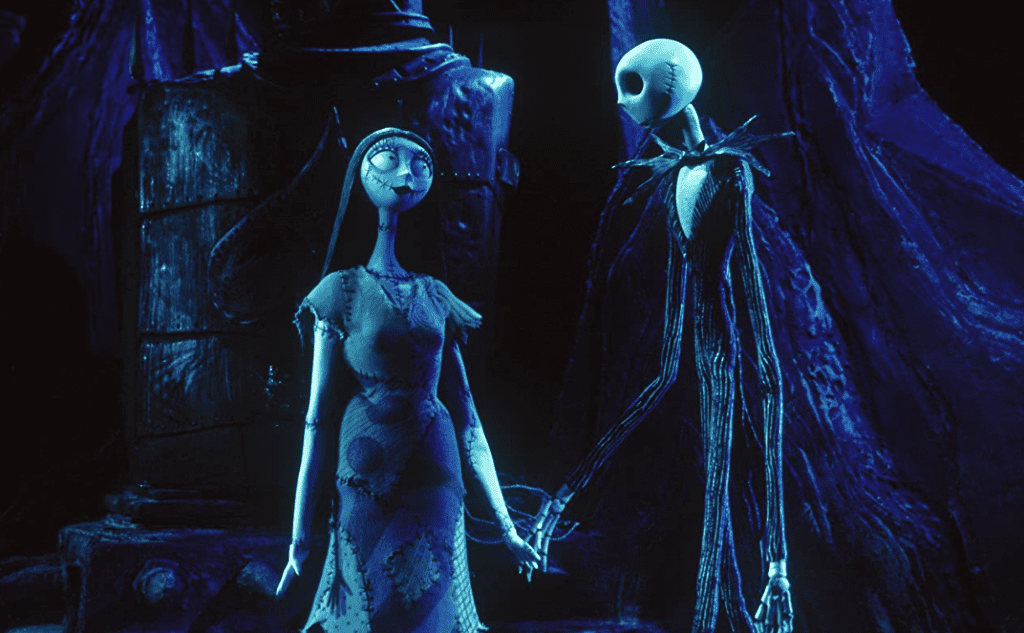 Sally and Jack Skellington holding hands in “The Nightmare Before Christmas”