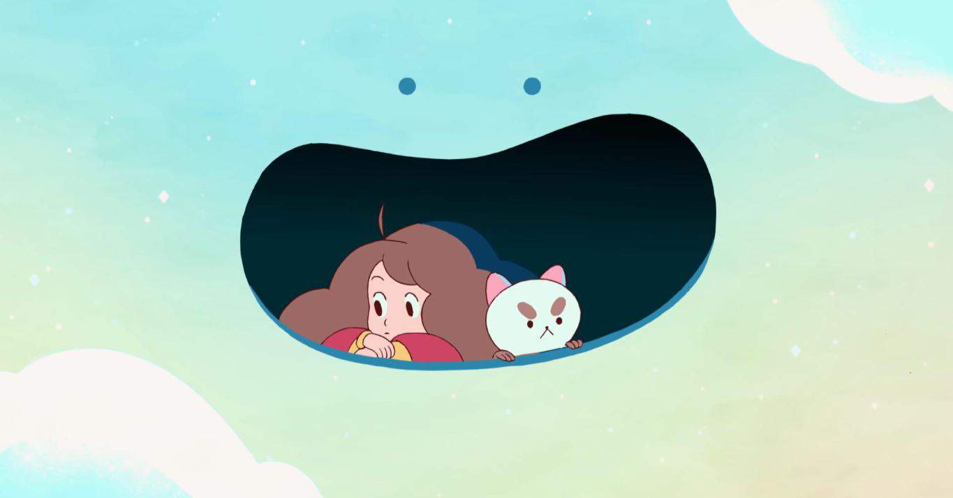 Bee and PuppyCat looking through a dark portal at a blue and green sky