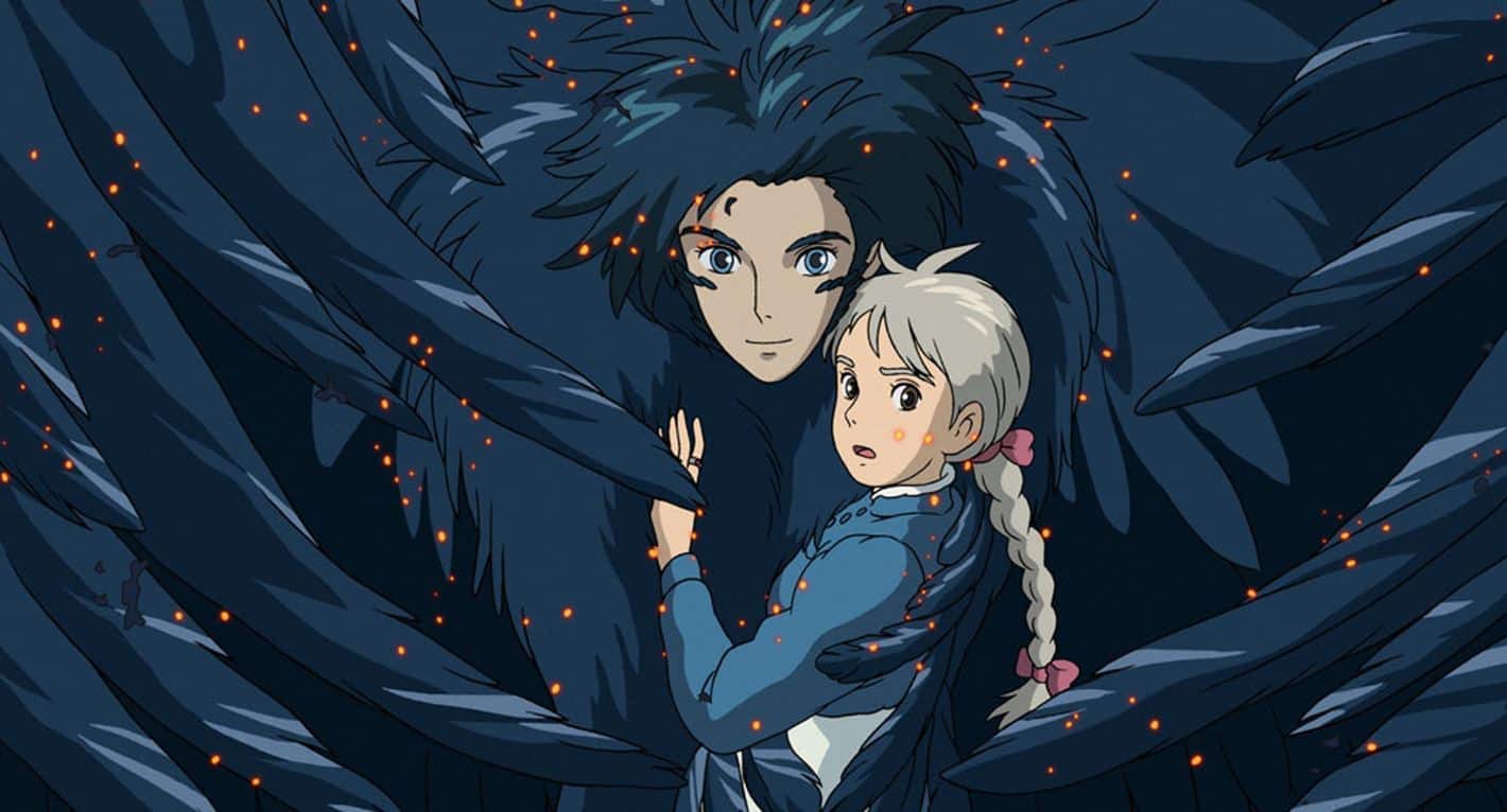 Howl, as a bird, surrounds Sophie with black feathers.