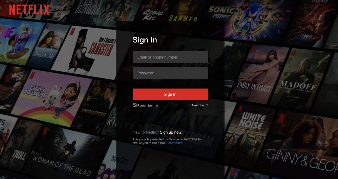 Laptop view of the Netflix login screen