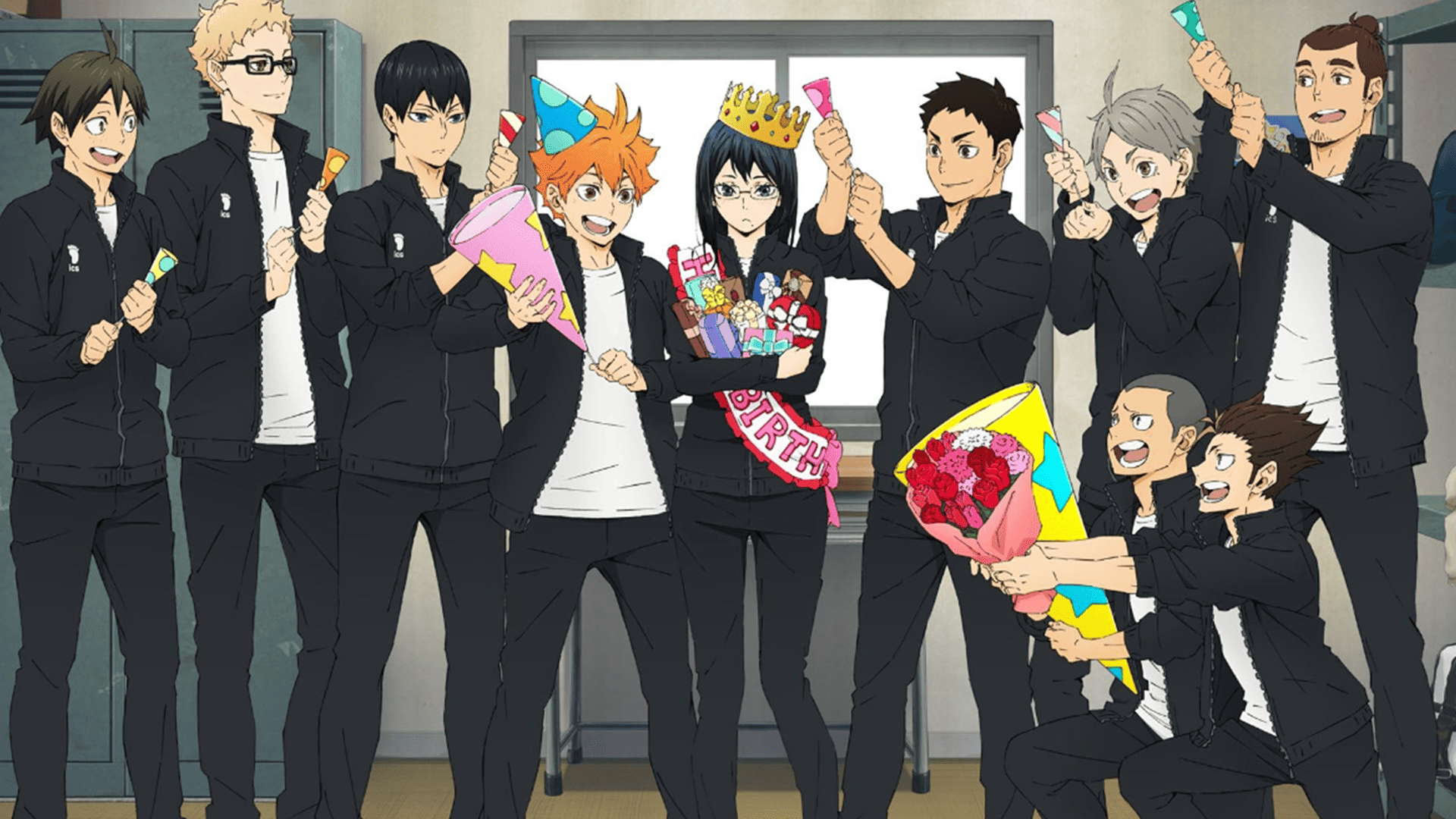 The volleyball team celebrates a birthday together in this image from Production I.G.