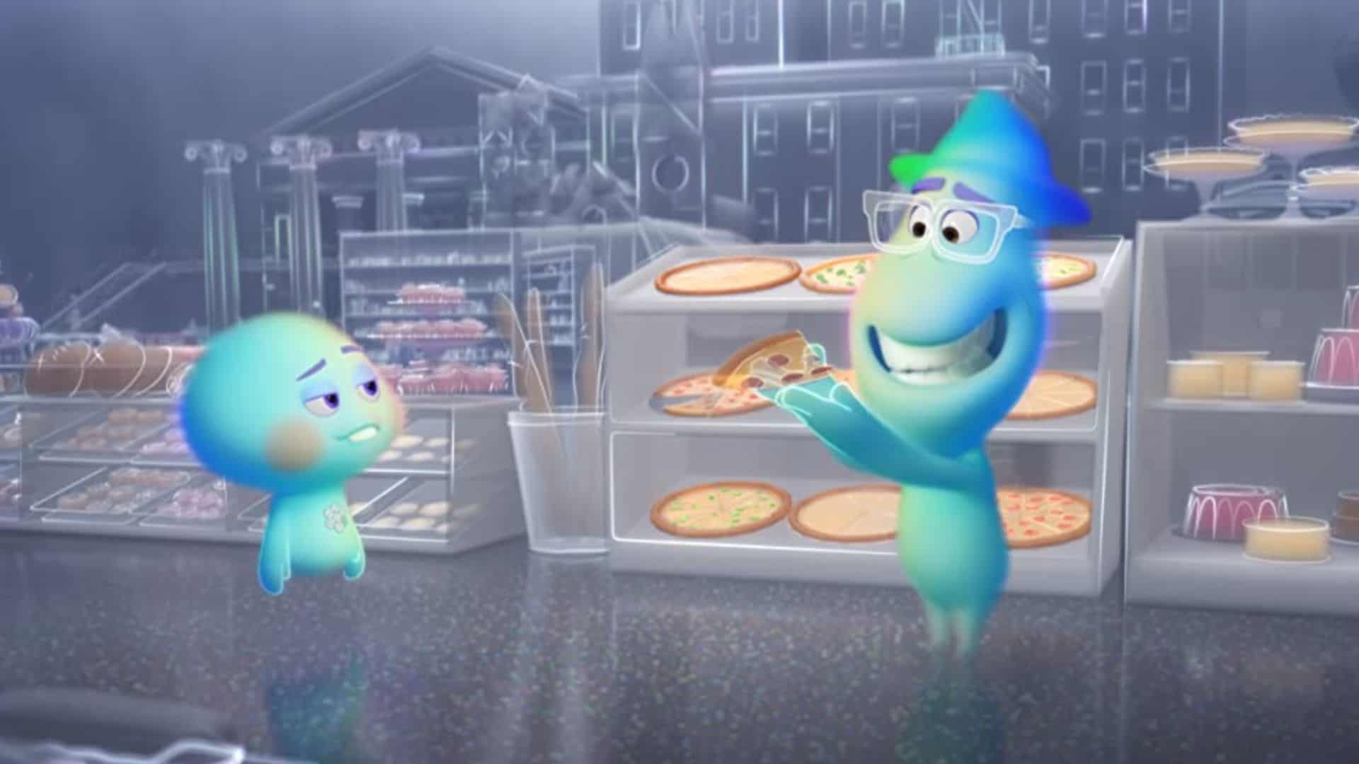 Two souls examine a slice of pizza in this image from Pixar Animation Studios.