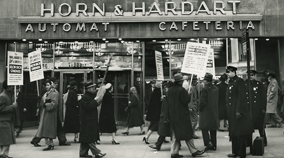 A picket line progresses in front of the Automat Cafeteria