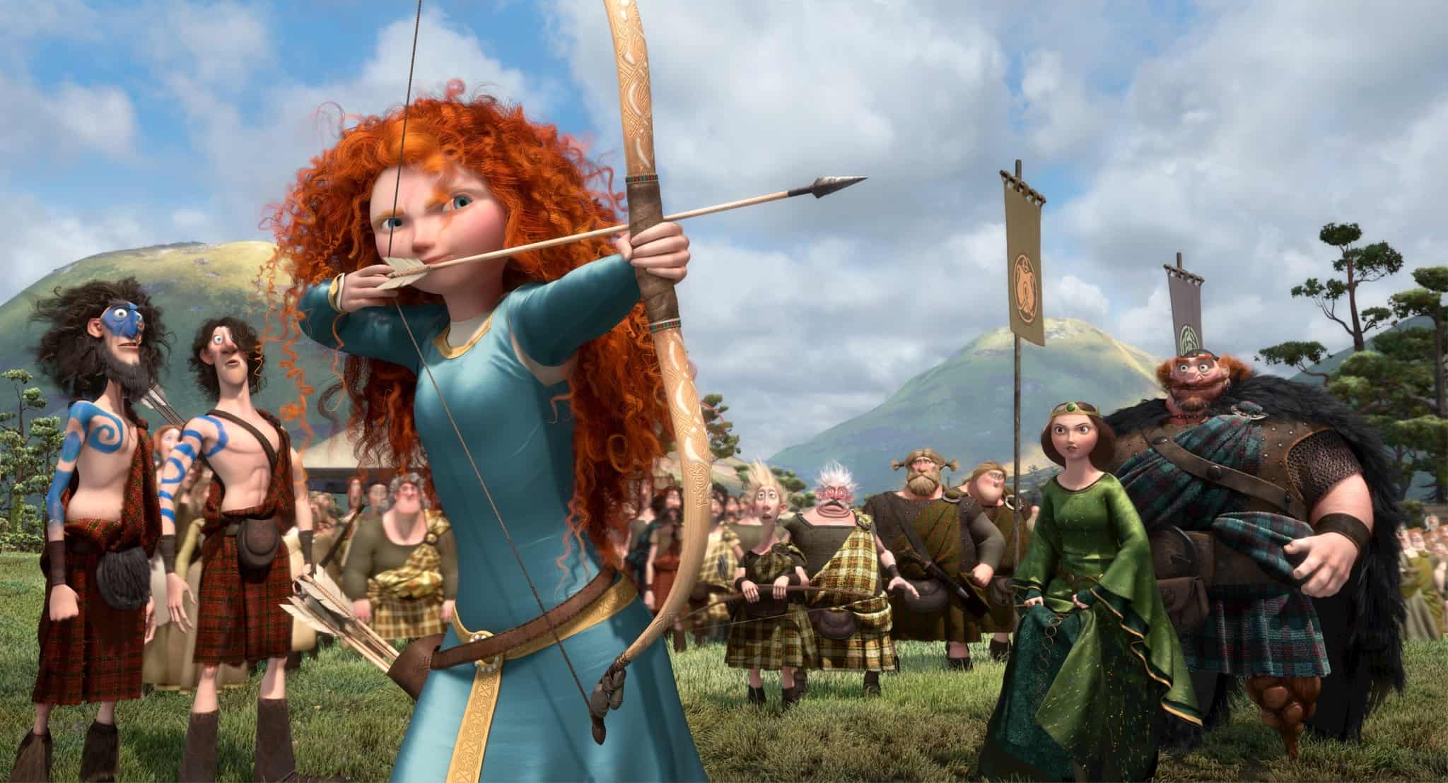 Merida shooting her bow in front of a crowd of onlookers