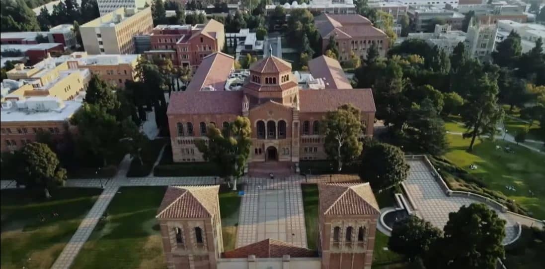 A drone photo of a beautiful college campus