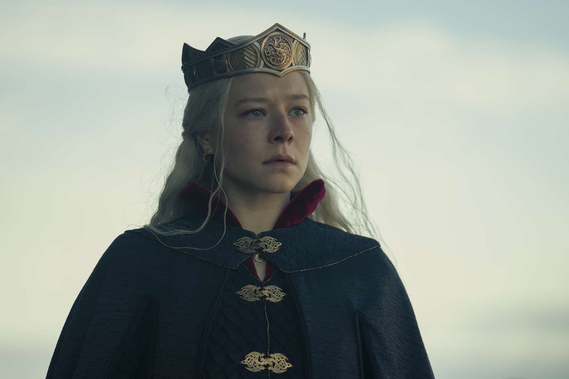 Rhaenyra looking solemn in a crown and cape