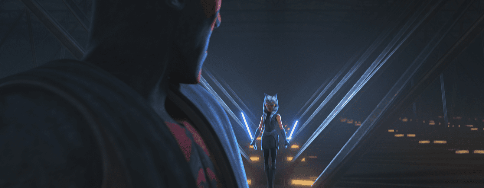 Ahsoka Tano prepares for battle while looking defiantly at her opponent.