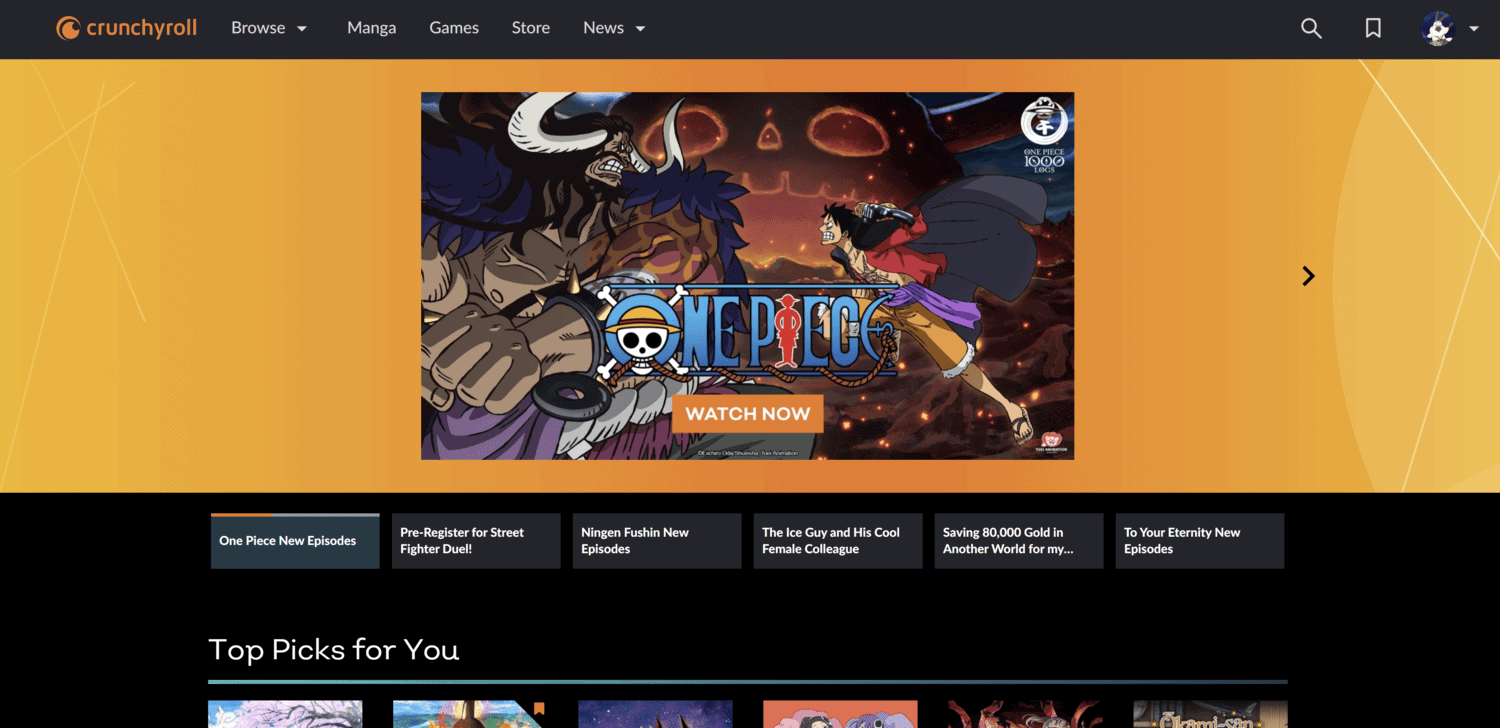 Screenshot of the front page of Crunchyroll on a desktop browser