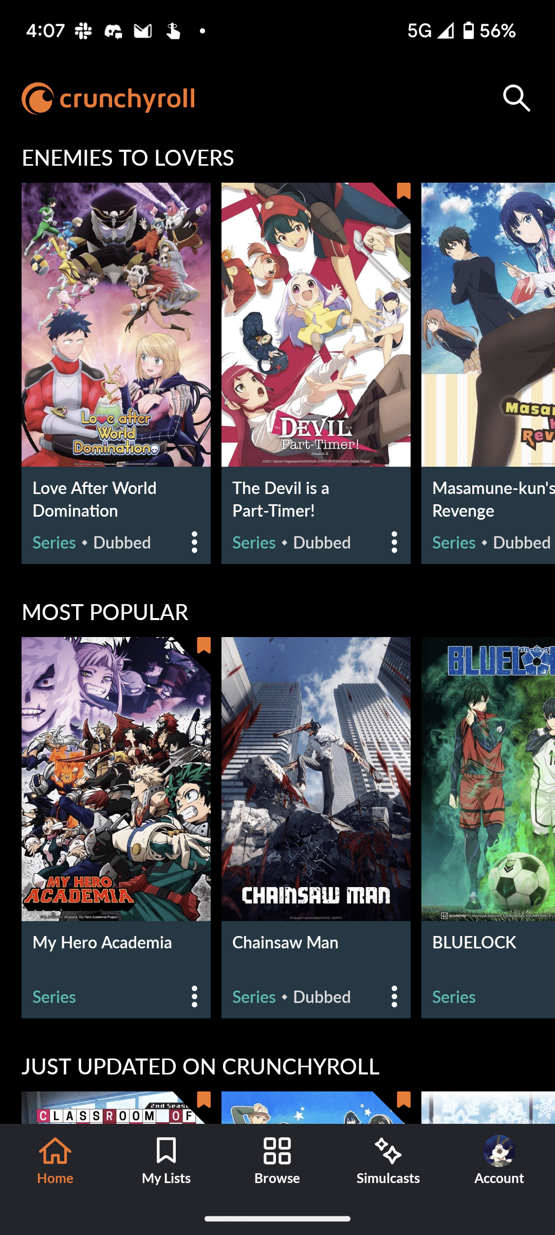 Screenshot of the front page of the Crunchyroll Android mobile app 