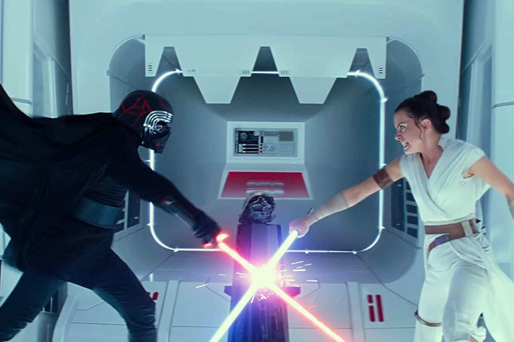A man and woman fight with lightsabers in this image from Disney Plus 