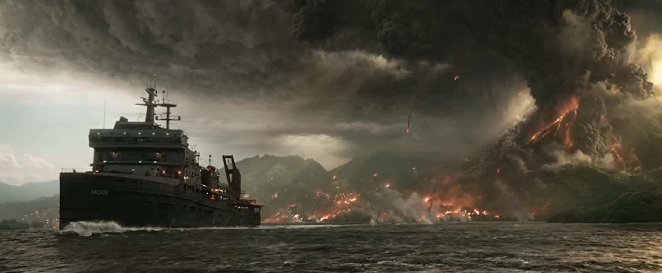 A ship sails away from a burning island in this image from fuboTV