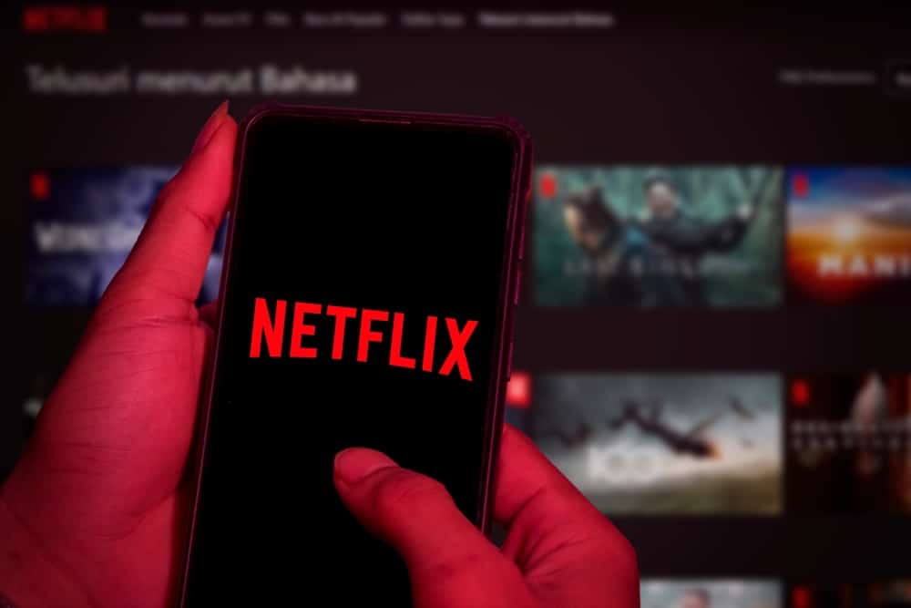 A person holds a smartphone with the Netflix logo on the screen with a blurred TV screen showing the Netflix library.