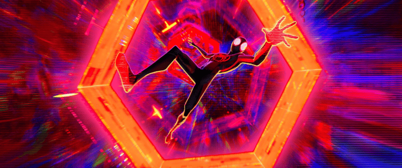 A boy in a costume falls through a multiversal portal in this image from Columbia Pictures.