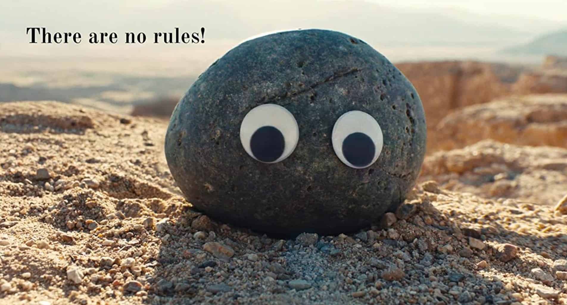 A rock with googly eyes on the ground in this image from SHOWTIME