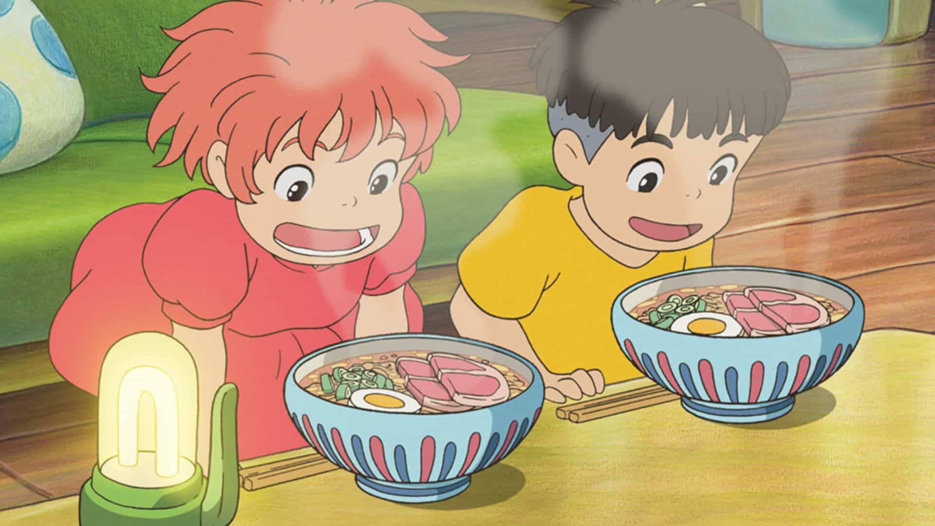 Ponyo and Sosuke looking at bowls of ramen in this image from HBO Max
