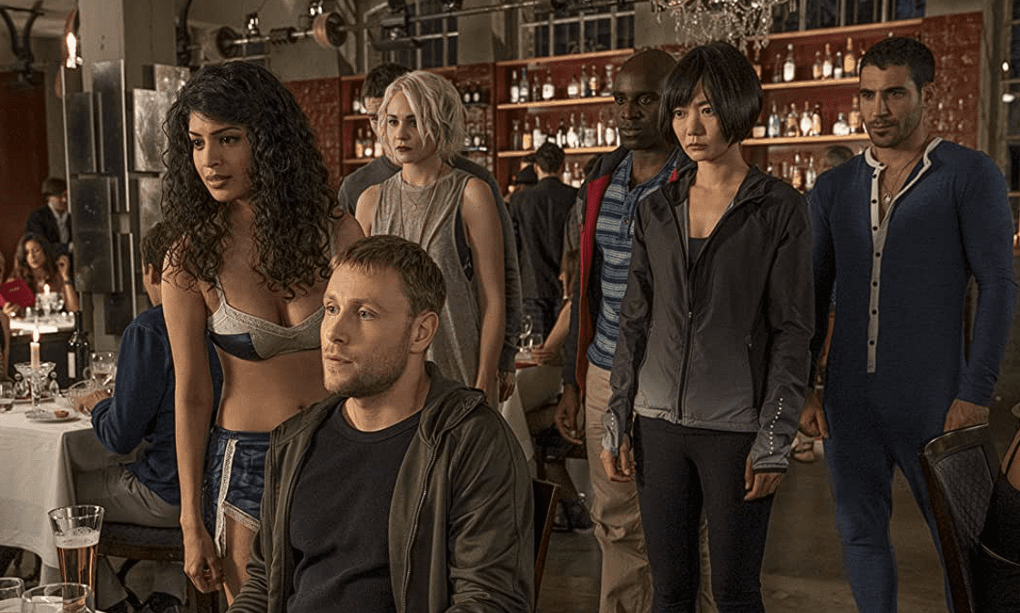 Tina Desai, Max Riemelt, Brian J. Smith, Tuppence Middleton, Toby Onwumere, Bae Doona, and Miguel Ángel Silvestre in this image from Netflix