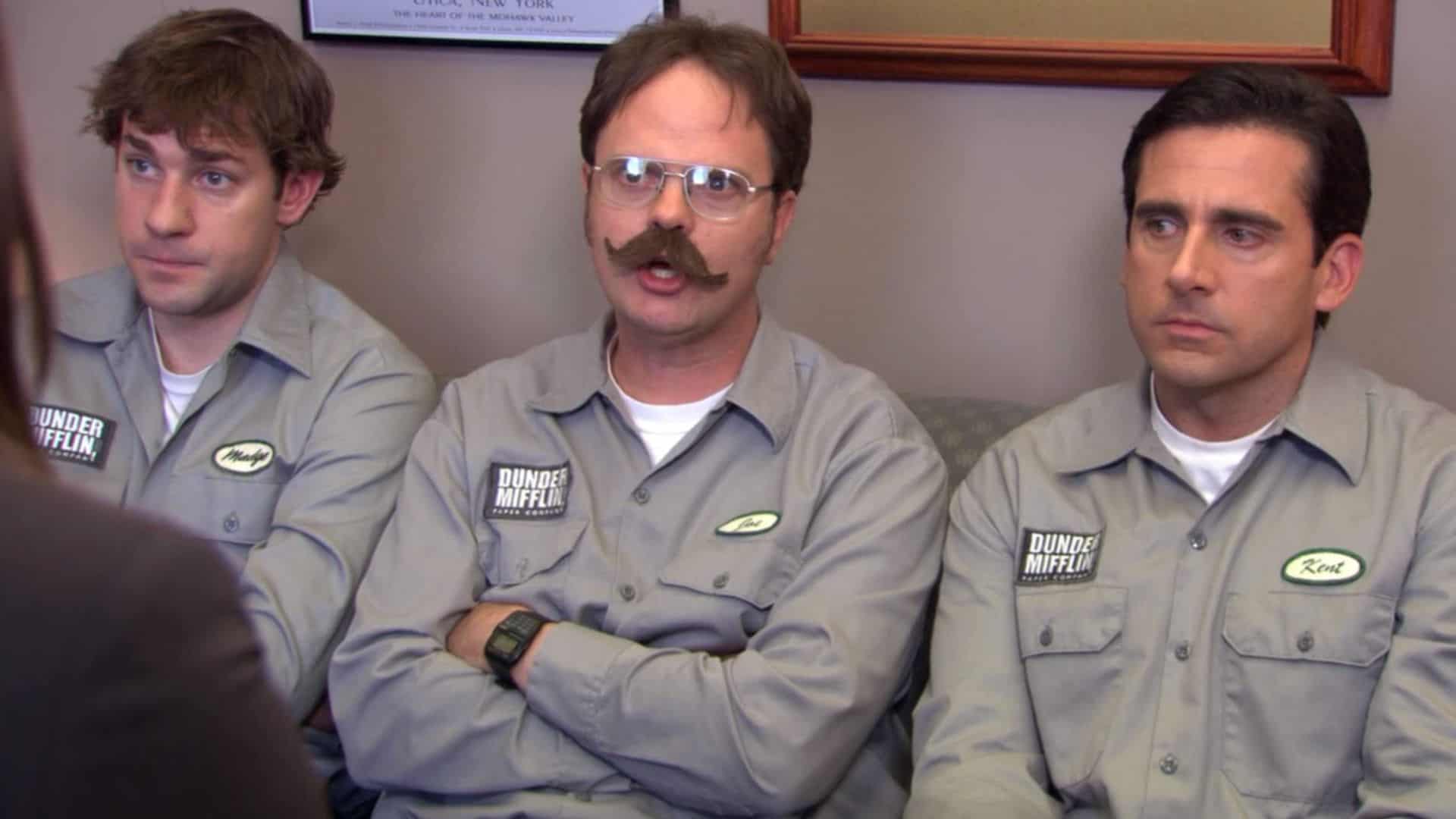 Jim, Dwight, and Michael in disguise as they try to pull off a prank in this image from Peacock.