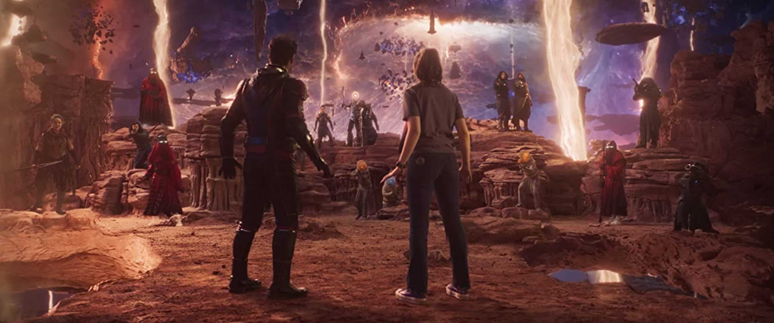 Two people face off with a group in a sci-fi setting in this image from Marvel Studios 