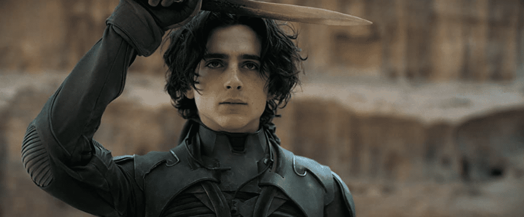 Timothée Chalamet holding up a dagger in this image from HBO Max