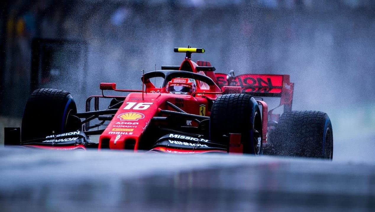 A Formula 1 car in the rain in this image from Netflix