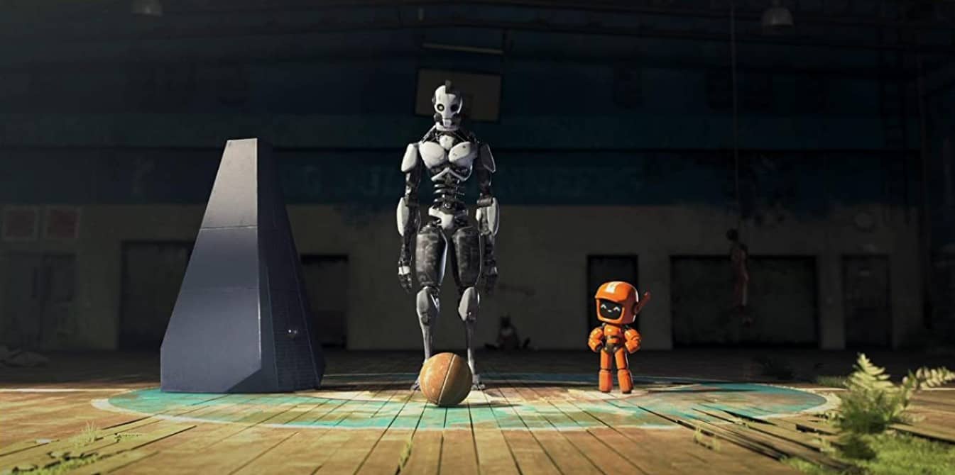 Three robots stand on a basketball court in this image from Netflix