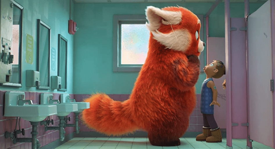 A giant red panda in a bathroom with a surprised classmate in this image from Disney Plus
