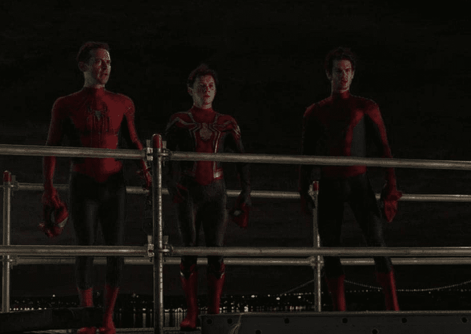 Tobey Maguire, Tom Holland, and Andrew Garfield in this image from STARZ