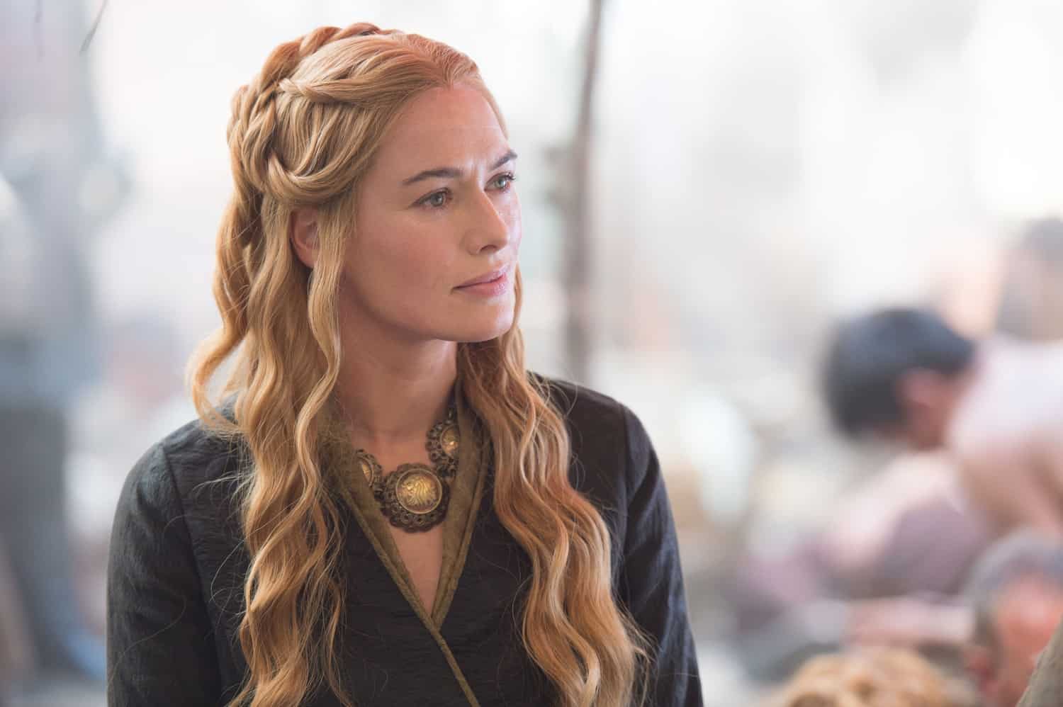 A woman with an ornate hairdo and jewels around her throat in this image from HBO