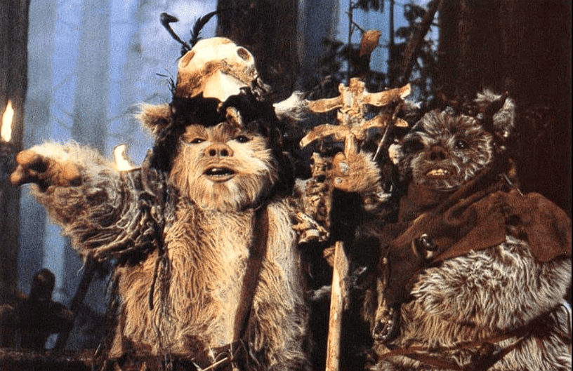 Jane Busby and Mike Edmonds as Ewoks in this image from Lucasfilm 