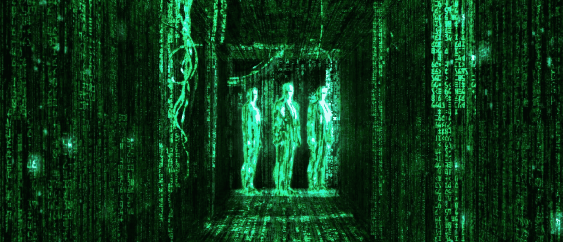 A green hallway with three figures in this image from HBO Max