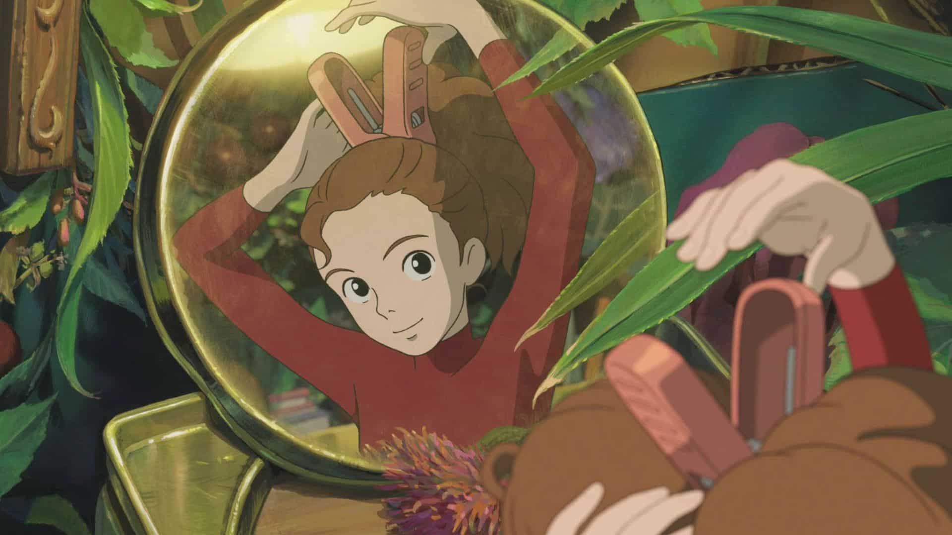 Arrietty fixes her hair clip in this image from Studio Ghibli