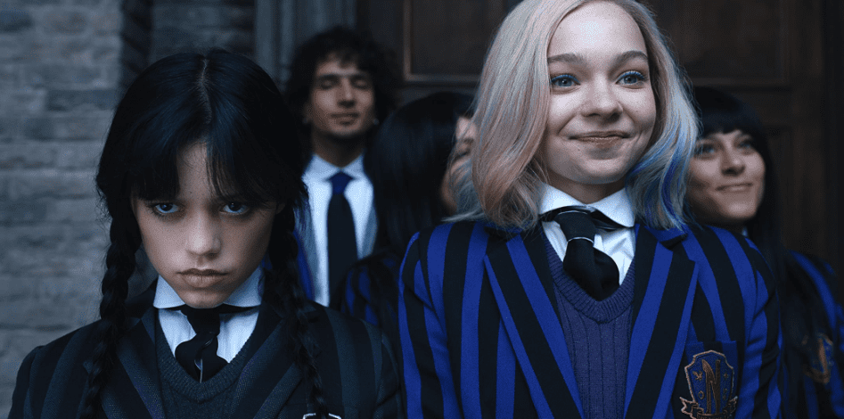 Two girls in school uniforms in this image from Netflix