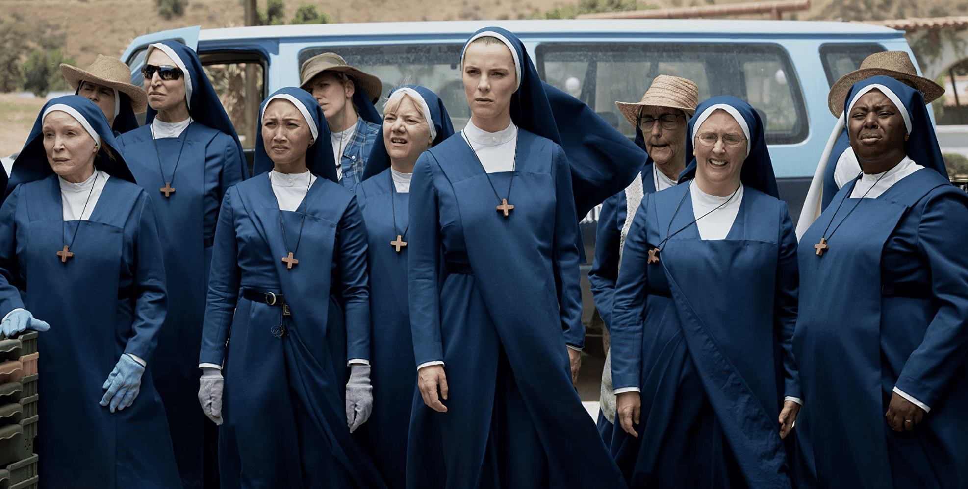 A group of nuns stare in the distance in this image from Peacock.