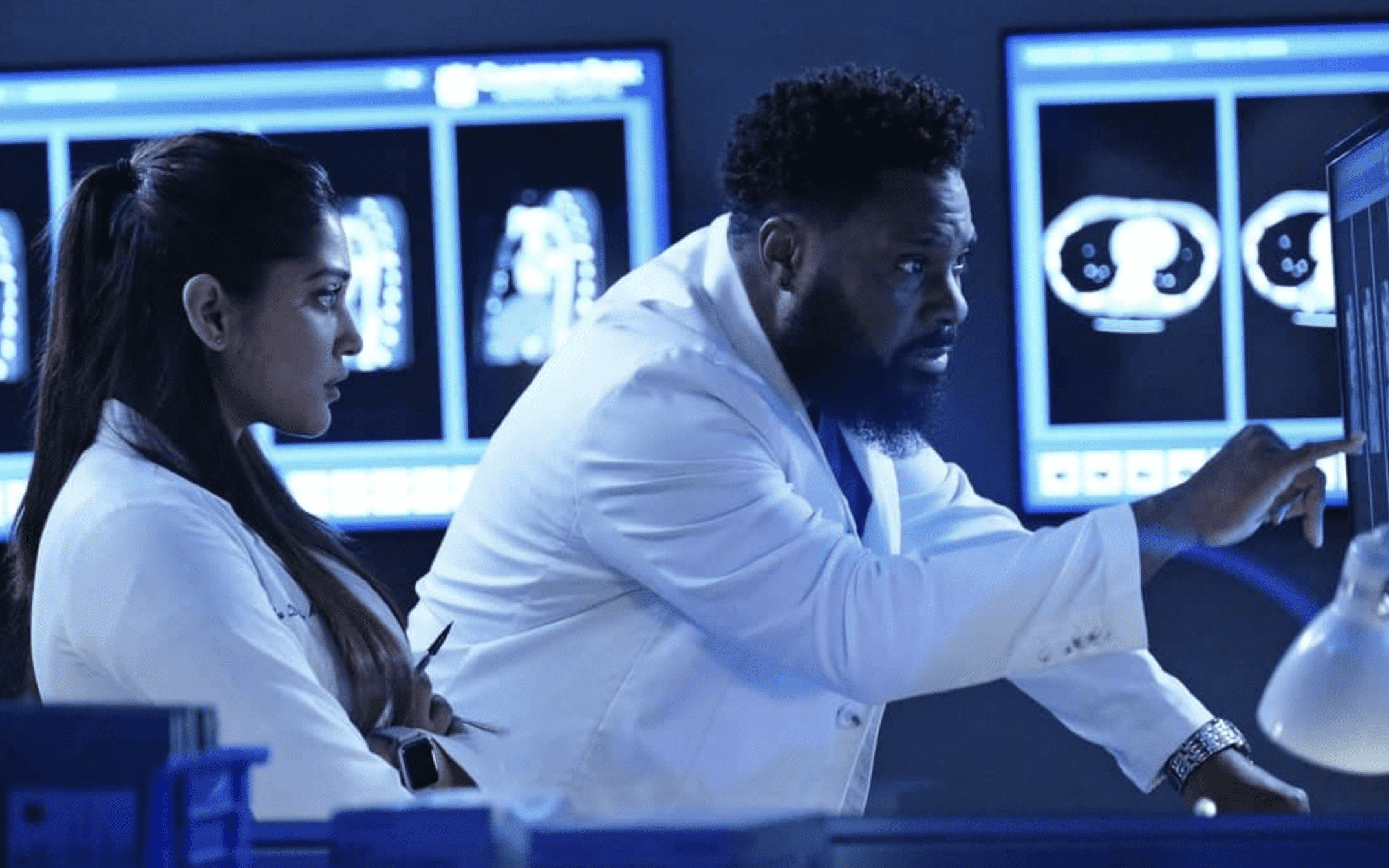 Two doctors study scan imaging in this image from Hulu
