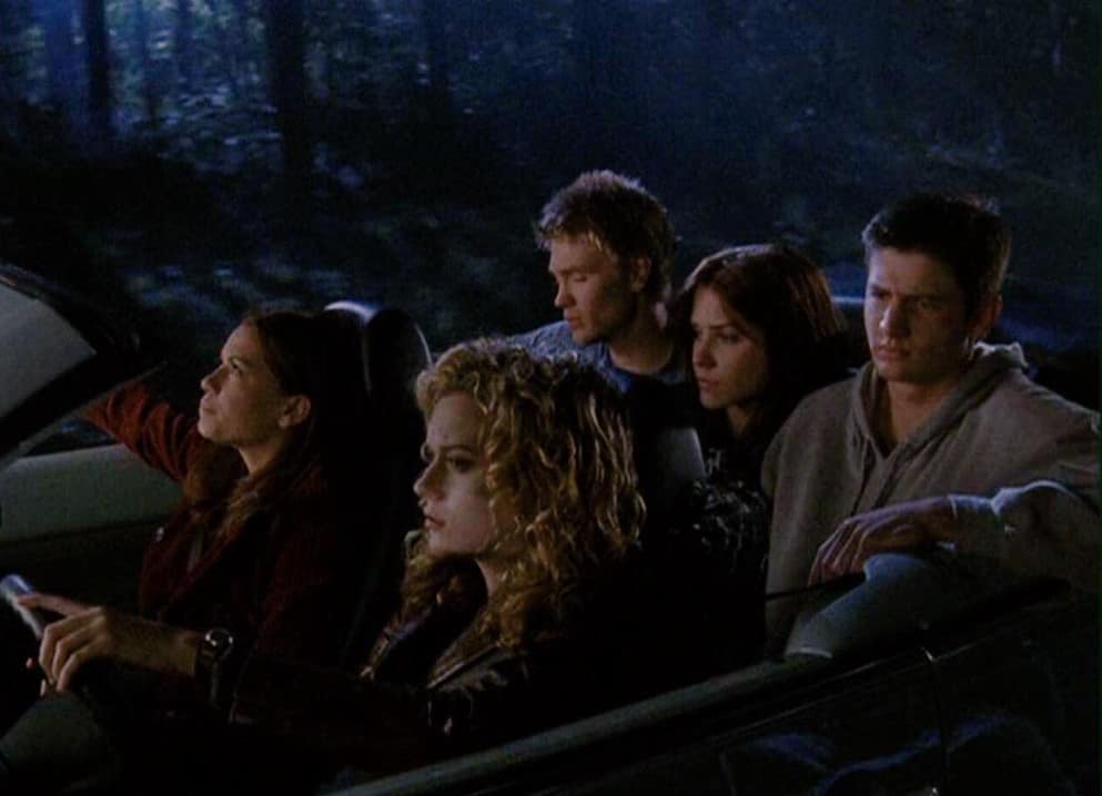 Five teenagers driving in a car on the TV series One Tree Hill in this image from Tollin/Robbins Productions/Warner Bros. Television