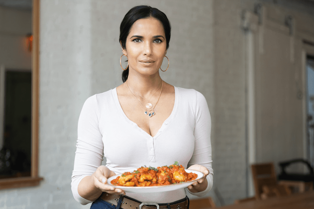 Padma Lakshmi poses with a dish in this image from Hulu.