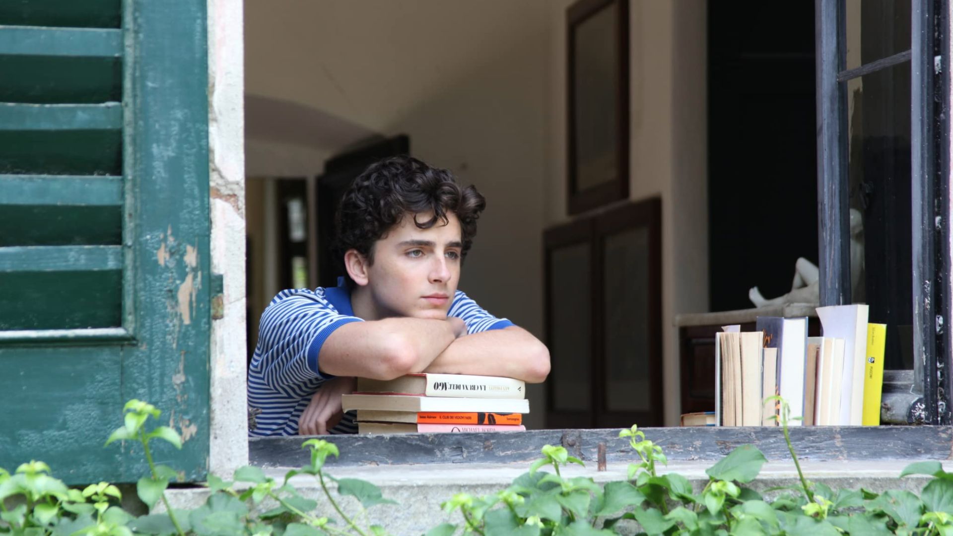 Elio looks out the window, resting his chin over his crossed arms on a stack of books in this image from Sony Pictures Classics