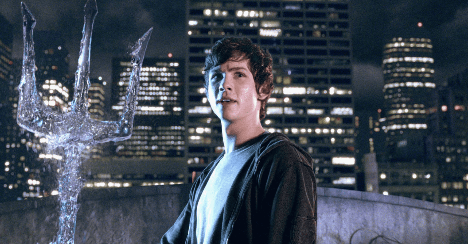 Percy Jackson holding a water trident in this image from Fox 2000 Pictures