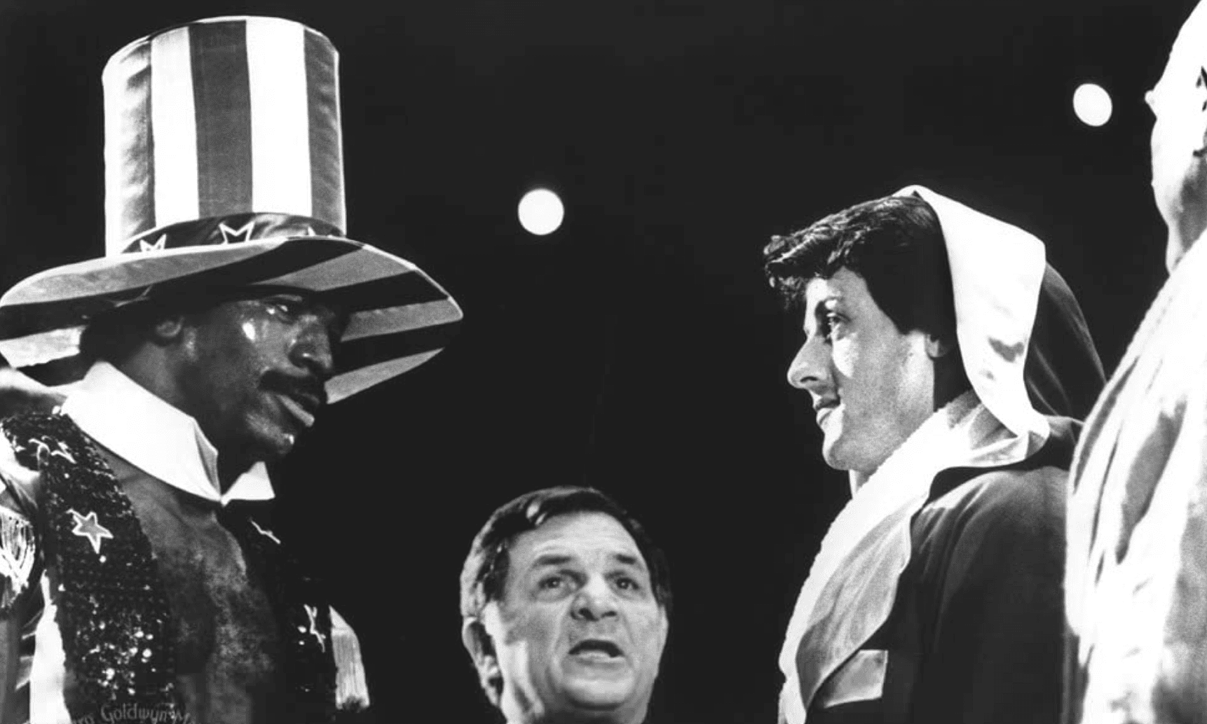 Sylvester Stallone as Rocky Balboa facing off against an opponent in this image from Chartoff-Winkler Productions
