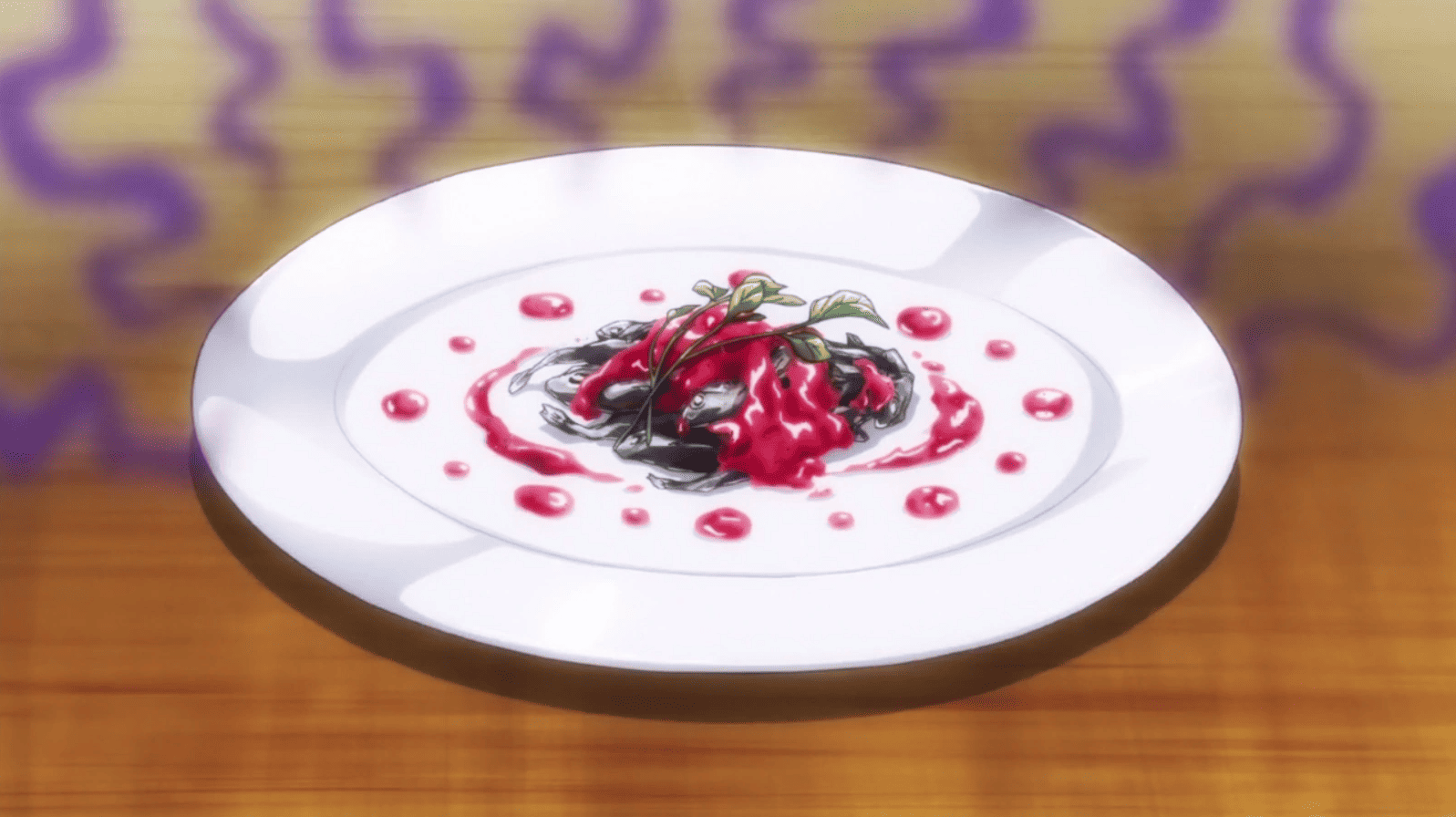 A plate of dried sardines and strawberry jam with a pungent odor in this image from J.C. Staff