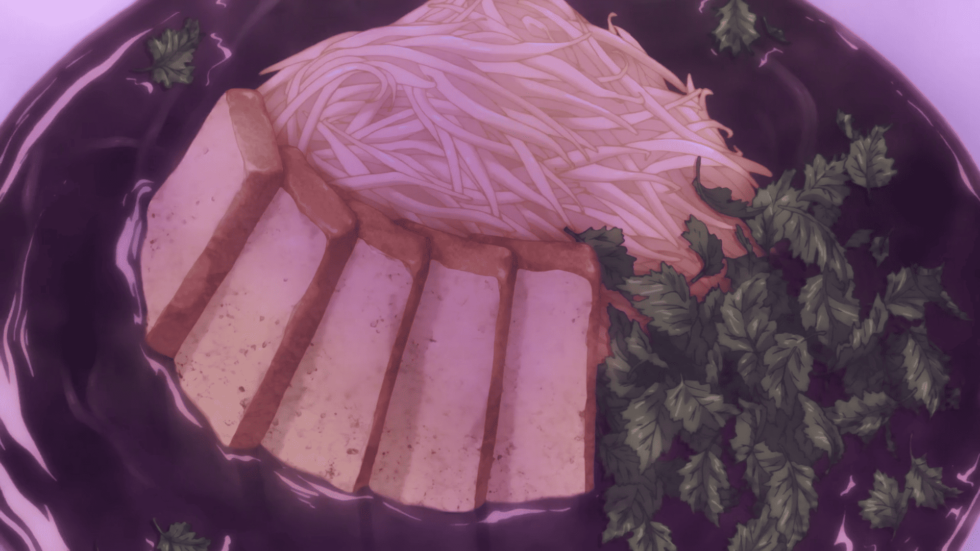 A bowl of jet-black curry laksa with tofu, bean sprouts, and herbs in this image from J.C. Staff