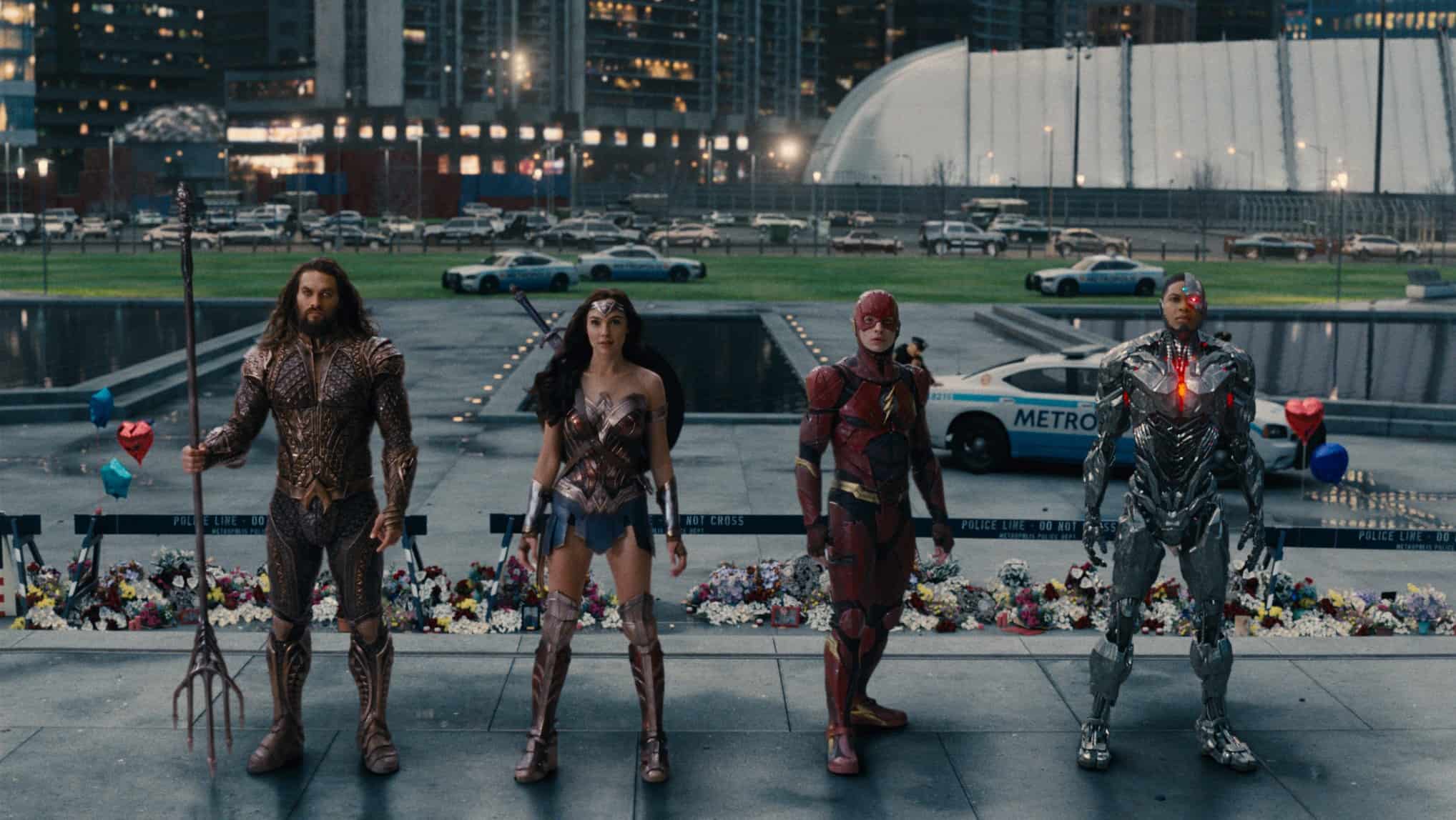 Jason Momoa, Gal Gadot, Ezra Miller, and Ray Fisher in this image from DC Studios