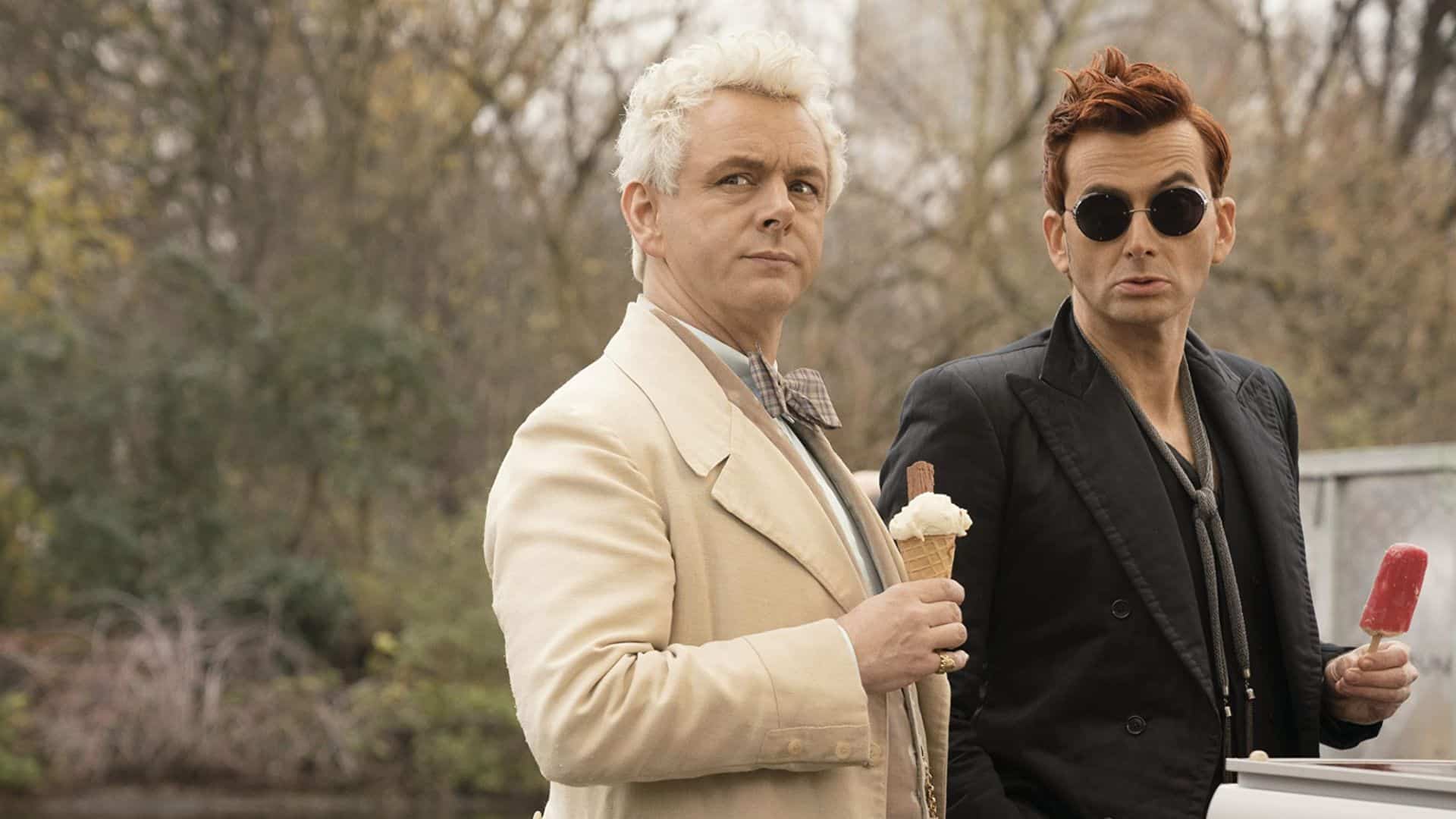 Michael Sheen and David Tennant eat ice cream and a popsicle in this image from BBC Studios